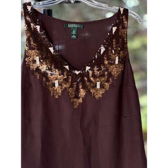 NEW Lauren Ralph Lauren 10 V-neck Spangle Sequins Blouse Tank Top Brown Lined - Picture 2 of 9